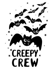 Black and white Halloween postcard with bats and hand written text