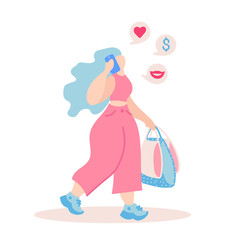Vector flat illustration with doodle woman  with a device. Woman talking on a smartphone and has a shopping. Design of a modern young woman with a mobile device