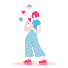 Vector flat illustration with doodle woman with a device. Woman takes a photo on a smartphone . Design of a modern young woman  with a mobile device