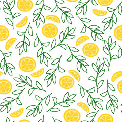 Vector flat seamless pattern with yellow lemons. Endless print with hand drawn lemon on white background. Summer design for print, textile, postcard