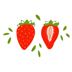 Vector flat illustration with red strawberries. Hand drawn strawberry on white background. Summer design for print, textile, postcard , advertising, children's design