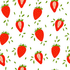 Vector flat seamless pattern with juicy strawberry. Endless print with hand drawn berry on white background. Summer design for print, textile, postcard, advertising, children's design
