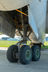 The lower part of the fuselage and landing gear. View of the plane from below.