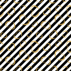 Gold heart seamless pattern. Black-white geometric stripes, golden grunge confetti-hearts. Symbol of love, Valentine day holiday. Design wallpaper, background, fabric texture. Vector illustration