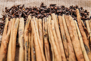 cloves with cinnamon lined up neatly on the gunny sack
