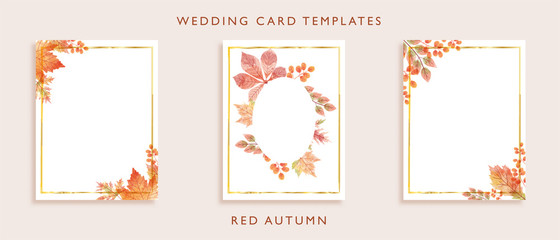 Elegant wedding card templates design. Concept for watercolor wild leaves in red color theme autumn season. Aim used for wedding card, invitation card, postcard, and more. 