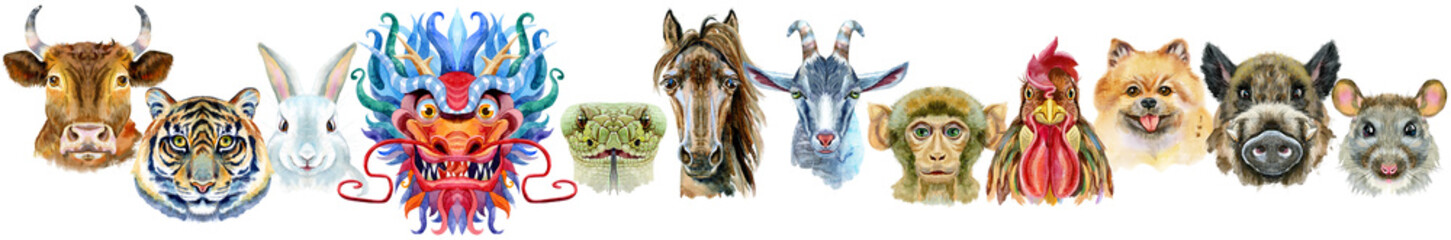 Border from watercolor twelve chinese zodiac animals