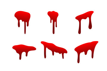 Blood drip set. Drop blood isloated white background. Happy Halloween decoration design. Red splatter stain splash spot, horror blot. Bleeding bloodstain scare texture Liquid paint. Vector illustraton