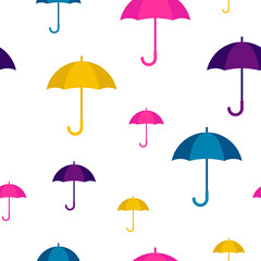 Fototapeta na wymiar Open umbrella rain protection, seamless pattern. Rainy season, monsoon background. Vector illustration flat style isolated