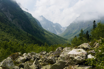 Mountain landscape, lake and mountain range. Dombay, northern caucasus, raw original