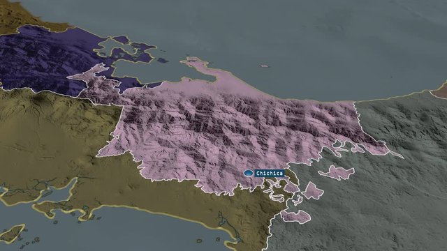Ng&ouml;be Bugl&eacute; - indigenous territory of Panama with its capital zoomed on the administrative map of the globe. Animation 3D