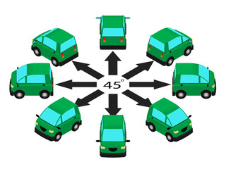 Rotation of the coupe car by 45 degrees. Compact car in different angles in isometric.