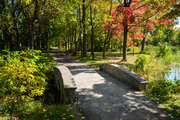 Walking path in the Montreal Botanical Garden in the autumn, Province of Quebec, CANADA.