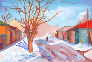 Gouache painting with wooden houses in the village. Illustration of a calm winter landscape in light colors in the morning. Cute peaceful countryside landscape.