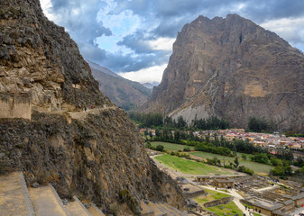 View of town Ollantaytambo, the beginning of the Inca Trail to Machu Picchu, Peru.