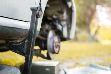 wheel replacement, the machine is lifted on a jack. breakdown on the road.