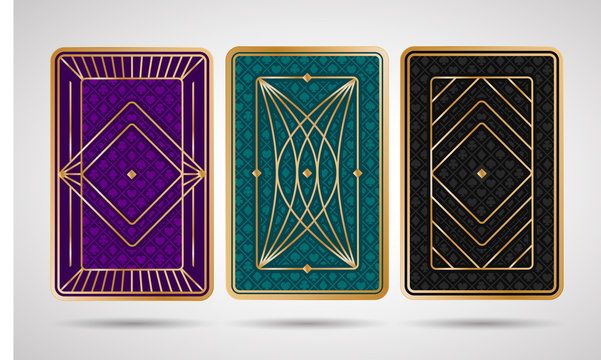 Poker playing cards back side design - black, turquoise, violet and golden colored