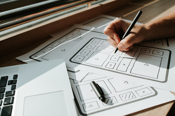 UX website design wireframe. Sketch, prototype, framework, layout future design project. UI/UX - user interface, user experience designer. Creative concept for web design studio. Website development