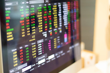 Computer screen showing stock market data Shows the economic fluctuations of the world to make it easier for those who want to invest. Stock trading concept.