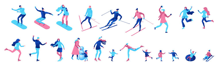Fototapeta na wymiar Isometric winter people set isolated, 3d vector sport family ice skating, skiing, snowboarding, playing snowballs, kid on sleigh, simple skater, ski, tubing, outdoor snow games, cartoon characters