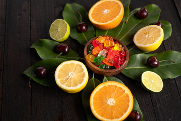 Fototapeta na wymiar Bowl of assorted Fruit flavored Gummy bears