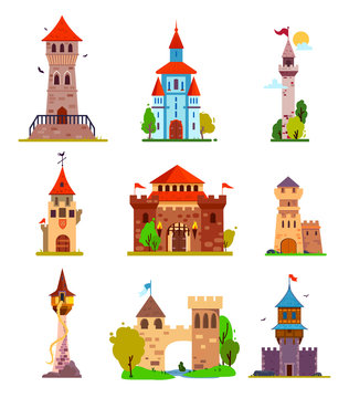 Vector cartoon set of fairytale castle, medieval towers.