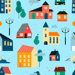 Vector patten with small tiny houses, trees and clouds.