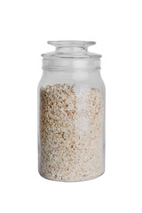 glass jar filled with oatmeal isolated on white background