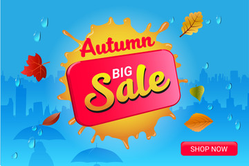 Autumn big sale banner with blot, leaves on rainy city background.  Vector elements for discount flyer, promotion stickers, lables, web banner and poster design.