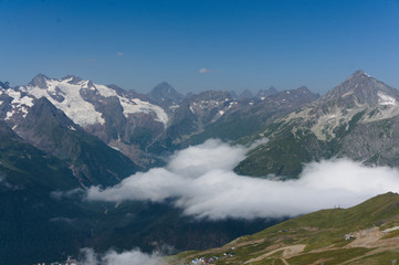 View from mountain lookouts near dombay in the greater caucasus, norther caucasus, can be reached by hiking or with a cable car, raw original