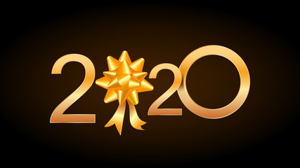2020 Happy New Year greeting card with shiny golden numbers and ribbon gift bow isolated on black background. Design element for christmas holiday banner, poster, invitation template
