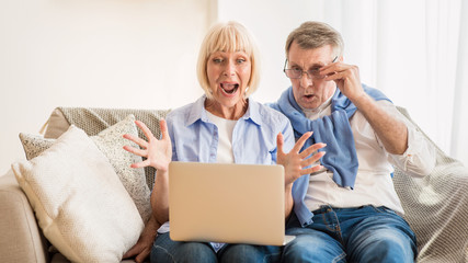 Surprised mature couple winning online auction, using laptop