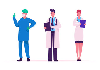 Hospital Healthcare Staff. Male and Female Doctors in Medical Robe with Stethoscope Holding Notebook, Surgeon Wearing Face Mask. Clinic Medicine Profession Occupation Cartoon Flat Vector Illustration