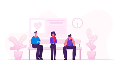Health Care and Medicine Concept with Male and Female Patients Waiting Doctor Appointment in Hospital Hallway. Sick People Sitting in Clinic Corridor for Therapist Cartoon Flat Vector Illustration