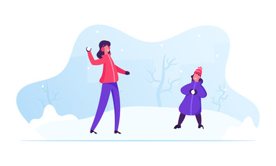 Happy Family Young Mother and Little Daughter Playing Snowballs on Street. Winter Season Outdoors Leisure and Activities. People Have Fun Christmas, New Year Holidays Cartoon Flat Vector Illustration