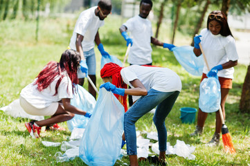 Naklejka na ściany i meble Group of happy african volunteers with garbage bags cleaning area in park. Africa volunteering, charity, people and ecology concept.