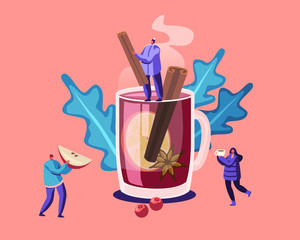 People and Hot Drink Concept. Tiny Male Female Characters in Warm Winter Clothes Stand at Huge Mug with Mulled Wine Holding Ingredients as Apple Slice, Vanilla Sticks Cartoon Flat Vector Illustration