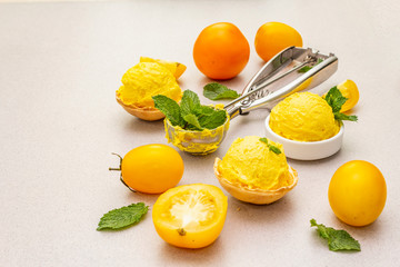 Yellow tomato ice cream, sorbet, gelato