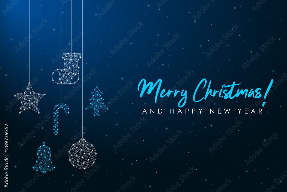 Poster merry christmas and 2020 new year low poly card. polygonal wireframe mesh illustration with hanging 