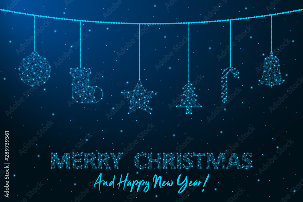 Aufkleber merry christmas and happy new year low poly card. polygonal wireframe mesh illustration with hanging