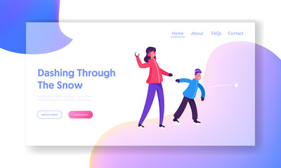 Winter Festive Season Outdoors Leisure and Activities Website Landing Page. Happy Family Young Mother and Little Son Playing Snowballs Fight on Street Web Page Banner. Cartoon Flat Vector Illustration