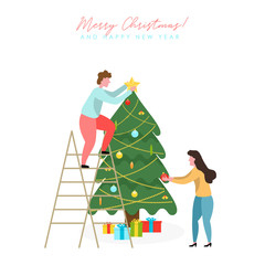 People decorating Christmas tree. Men and women get ready for the New Year and Merry Christmas. Holiday poster in flat design. Vector illustration.