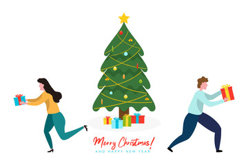 Merry Christmas and Happy New Year illustrations with decorated Christmas tree and people with gift box. Holiday poster in flat design. Vector.
