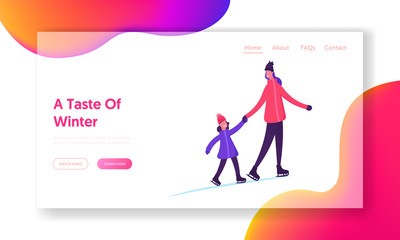 Outdoor Skating Activity Website Landing Page. Happy Family of Mother and Daughter Holding Hands Spend Time Together in Park Having Winter Time Fun Web Page Banner. Cartoon Flat Vector Illustration