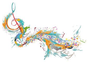 Obraz premium Abstract musical design with a treble clef and colorful splashes and waves. Hand drawn vector illustration.