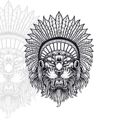 Obraz premium lion head with american indian native vector illustration, editable and detailed