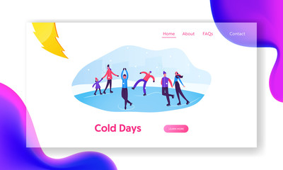 Winter Activities and Sports Website Landing Page. Happy People Skating on Frozen Pond. Skaters on Ice Rink. Winter Holidays Festive Season Spare Time Web Page Banner. Cartoon Flat Vector Illustration