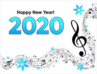 Musical Happy New Year background with notes 2020