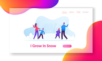 Winter Season Fun and Games Website Landing Page. Happy Family of Parents and Kids Playing Snowball Fight on Street. Holidays Spare Time, Leisure Web Page Banner. Cartoon Flat Vector Illustration