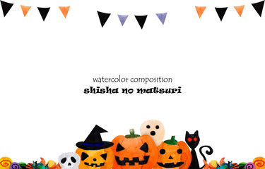 Translation: "night of the dead." Watercolor composition on the theme of Halloween, suitable for decorating invitations, coupons, stationery, etc.